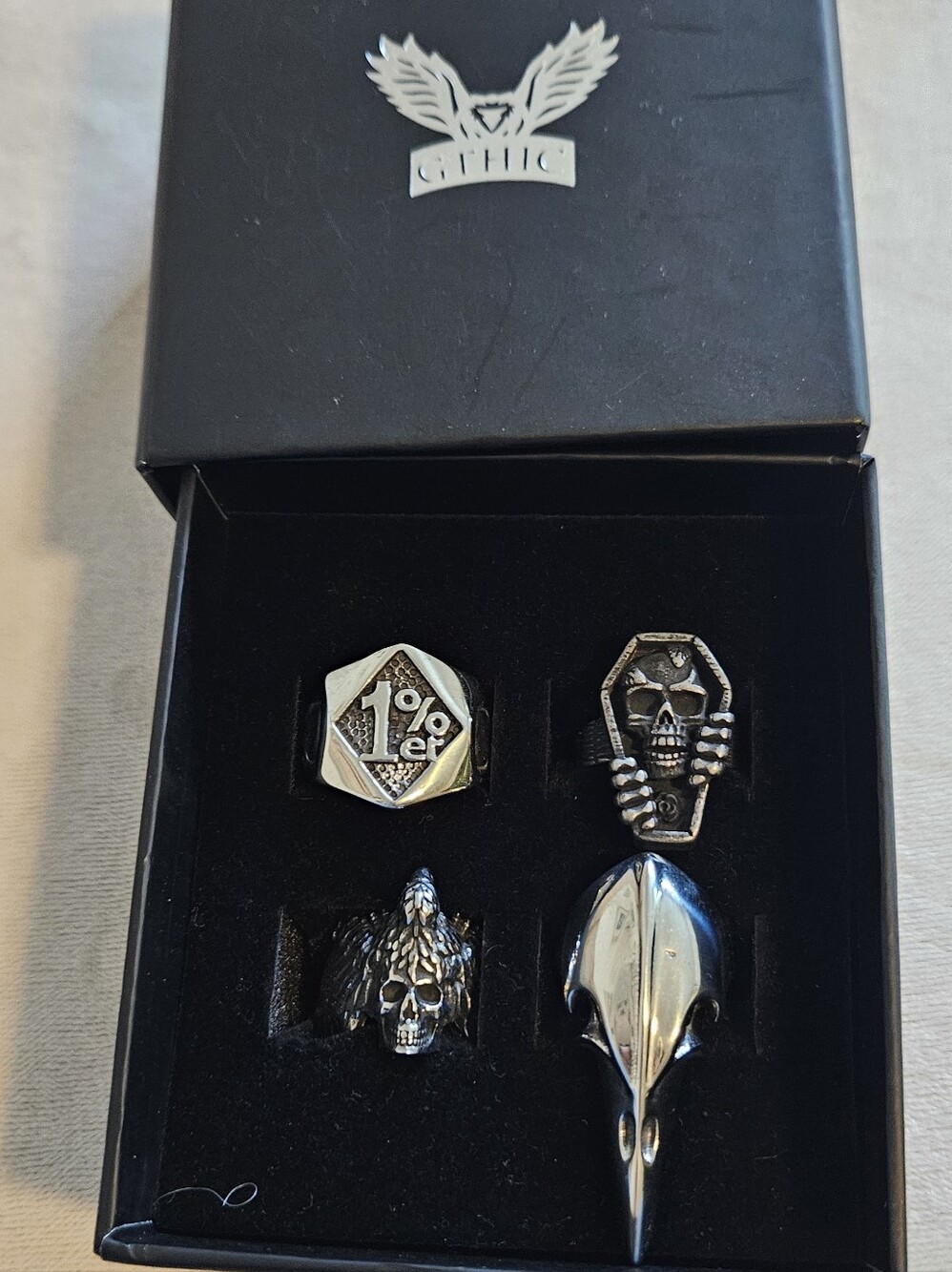 Gothic Men's Silver Tone Ring Set - Black Box